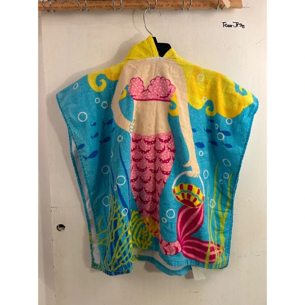 Unbranded Mermaid Hooded Beach Towel OS Blue Pink Cotton Poncho Kids